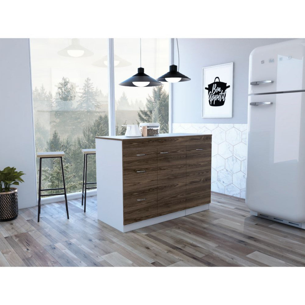 DEPOT E-SHOP Camp Kitchen Base Cabinet with 3 Drawers, Cabinet,White/Dark Walnut
