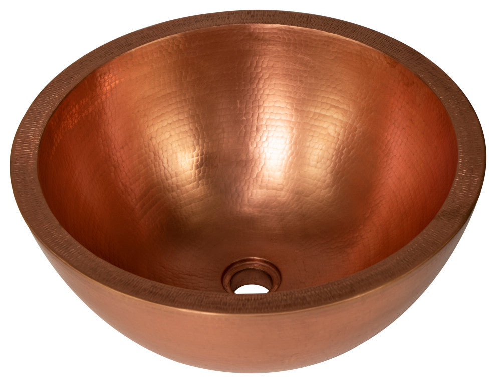 17" Round Vessel Double Wall Hammered Copper Bathroom Sink, 18 Gauge