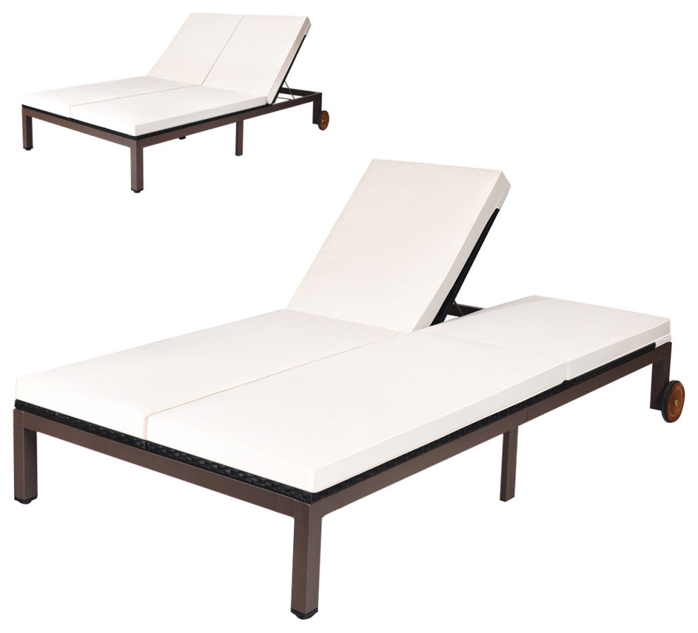 Costway 2-Person Patio Rattan Chair Recliner Adjustable Cushioned W/ Wheels