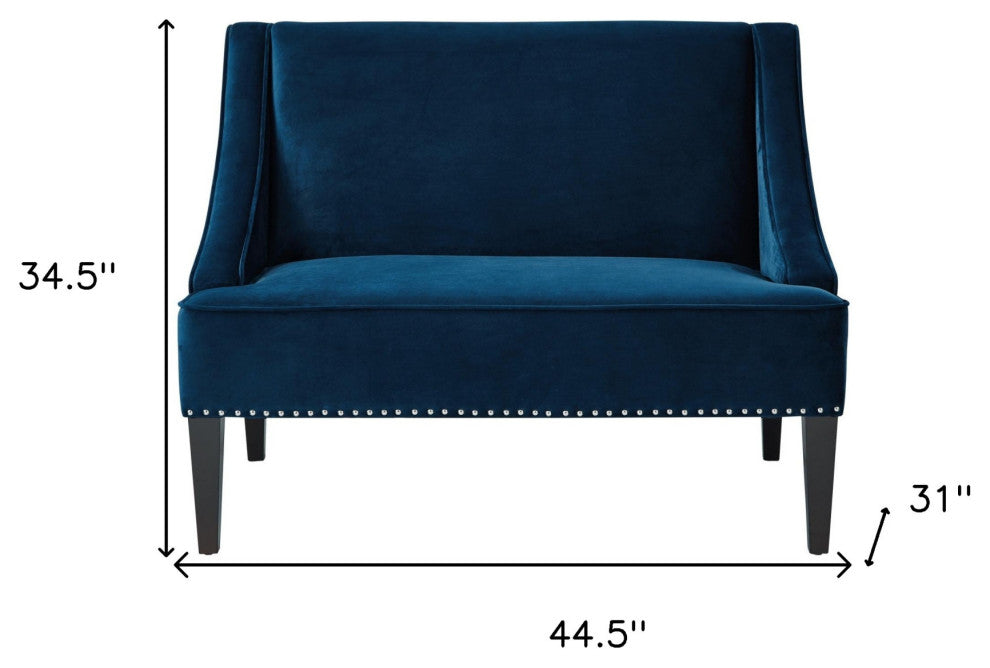 45" Navy Blue And Brown Upholstered Velvet Bench