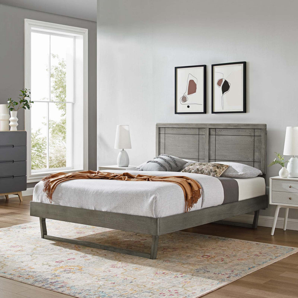 Platform Bed Frame, King Size, Wood, Gray, Modern Mid-Century, Bedroom