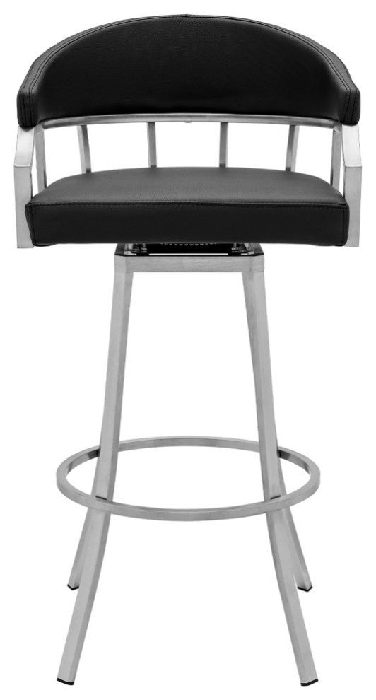 Valerie Swivel Faux Leather Bar and Counter Stool, Brushed Stainless Steel Finishing/Black, Counter Height