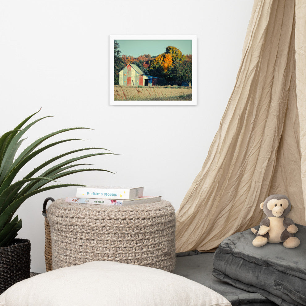 Patriotic Weathered Barn in Field Cross Processed Framed Photo Wall Art Prints, White, 11" X 14"
