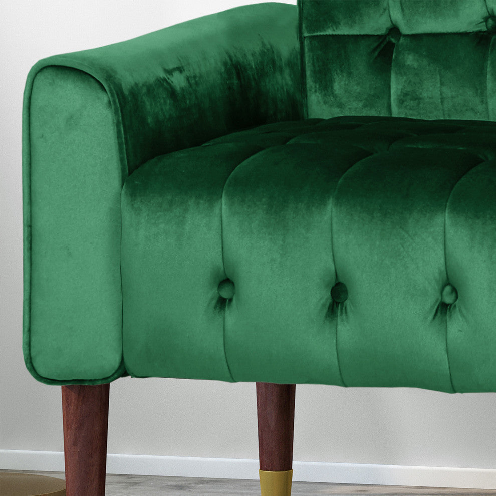 Aubrie Tufted Velvet Loveseat With Gold Tipped Tapered Legs, Emerald, Gold Finish