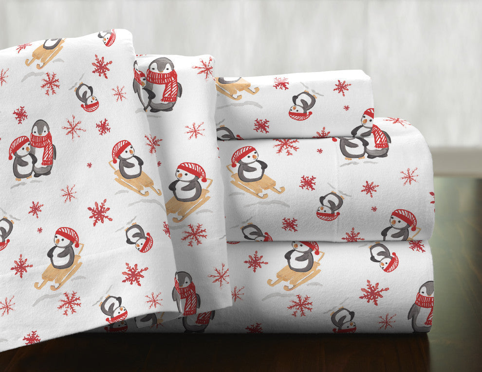 Pointehaven 175 GSM Cotton Flannel Sheet Set, Penguin, Queen