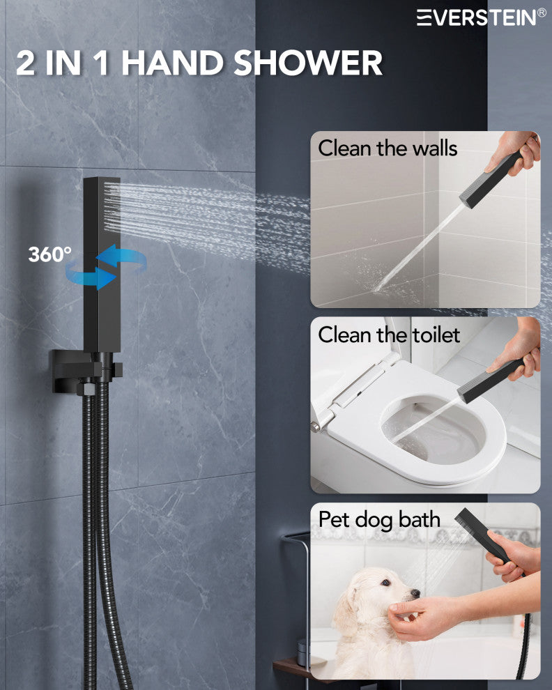 Thermostatic Shower Faucet LED 20" Rain Shower Head with 6 Body Jets, Matte Black