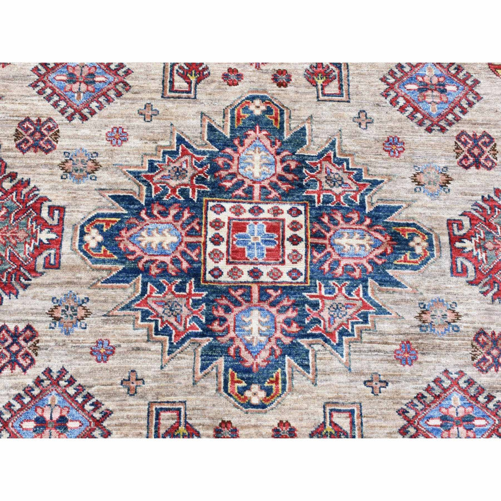Camel Color Afghan Geometric Super Kazak Shiny Wool Hand Knotted Rug, 8'4"x10'2"