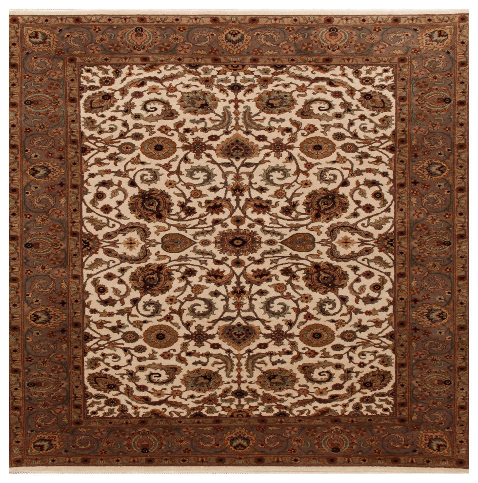 Agra Elaine Traditional Beige Floral Hand Knotted Rug 6'x9'