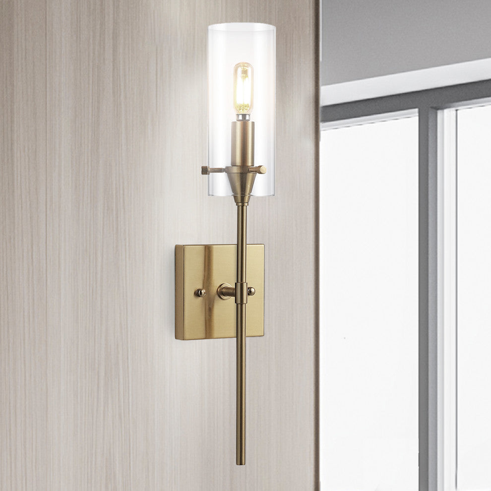 Cato 4.5" 1-Light Bohemian Farmhouse Iron/Glass LED Sconce, Brass Gold/Clear