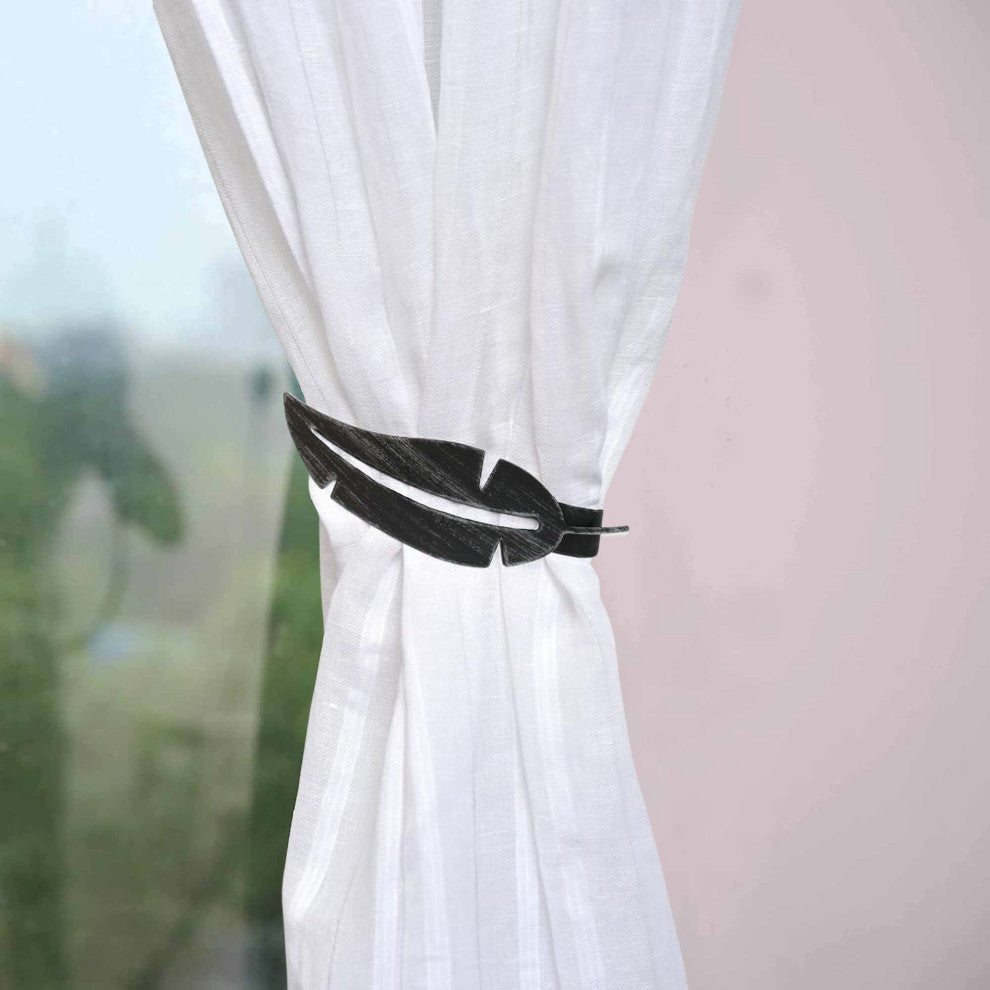 Metal Feather Curtain Tiebacks with Magnetic Closure "“ No Installation Needed, Black, Pack of 1
