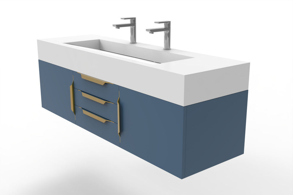 CastelloUSA Nile 60" Wall Mounted Vanity Set, Blue, White Top, Gold Handles