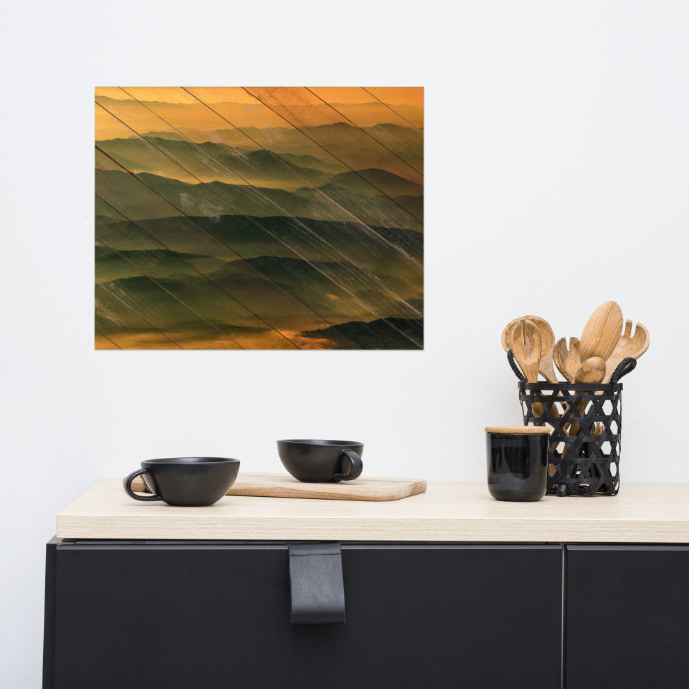 Faux Wood Foggy Mountain Layers at Sunset Landscape Unframed Wall Art Prints, 16" X 20"