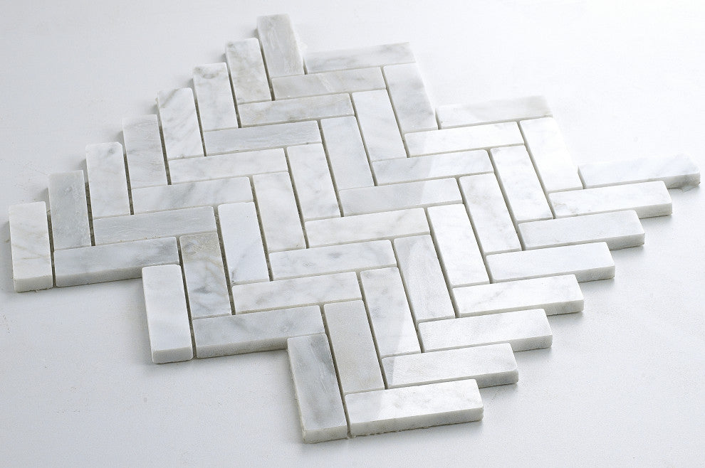 Carrara White 11.2"Ã—12.6" Herringbone Polished Marble Mosaic Tile, 1 Box