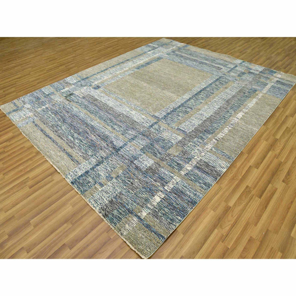 Brown Modern Geometric Opened Up Plaid Design Wool Hand Knotted Rug, 8'2"x10'2"