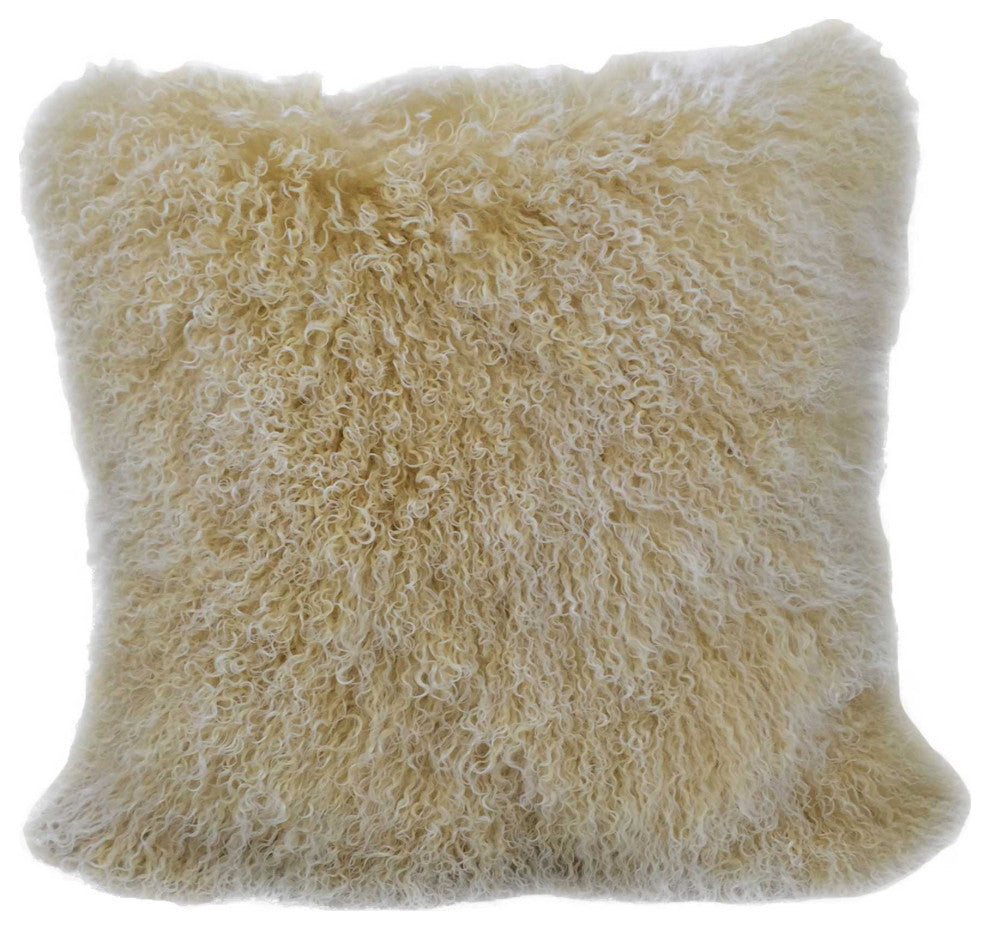 24" Gold Genuine Tibetan Lamb Fur Pillow With Microsuede Backing