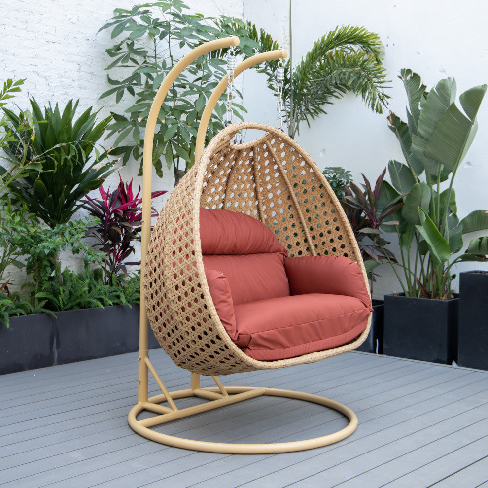 LeisureMod Mendoza Light Brown Wicker Hanging Double Egg Swing Chair, Cherry
