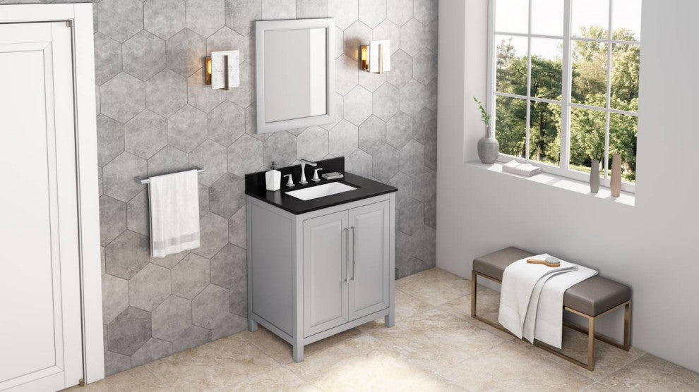 Cade Transitional 30" Grey Bathroom Vanity, Black Granite Vanity Top