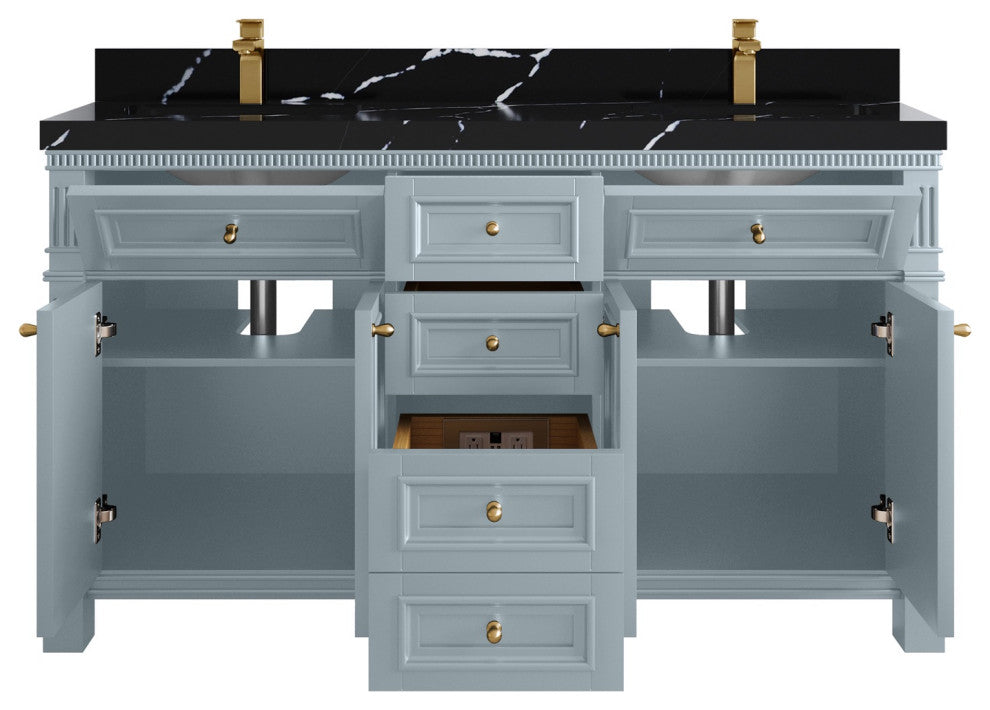 Paris 60" Double Sink Bathroom Vanity, Blue Heather 2" Calacatta Black