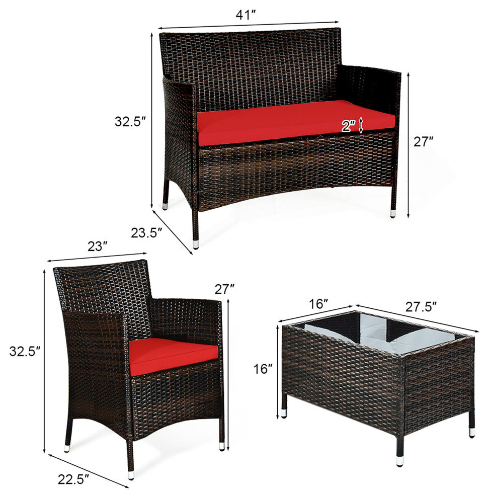 Costway 4 PCS Outdoor Patio Rattan Furniture Set Table Shelf Sofa Red Cushions