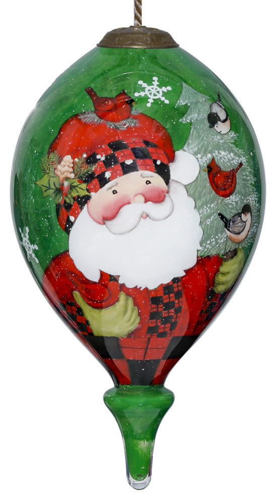 Plaid Santa with Cardinals Hand Painted Mouth Blown Glass Ornament