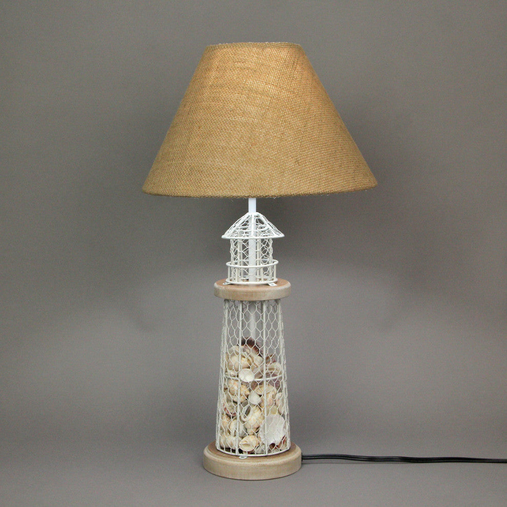 White and Grey Metal Mesh Seashell Filled Lighthouse Table Lamp with Cone Shade