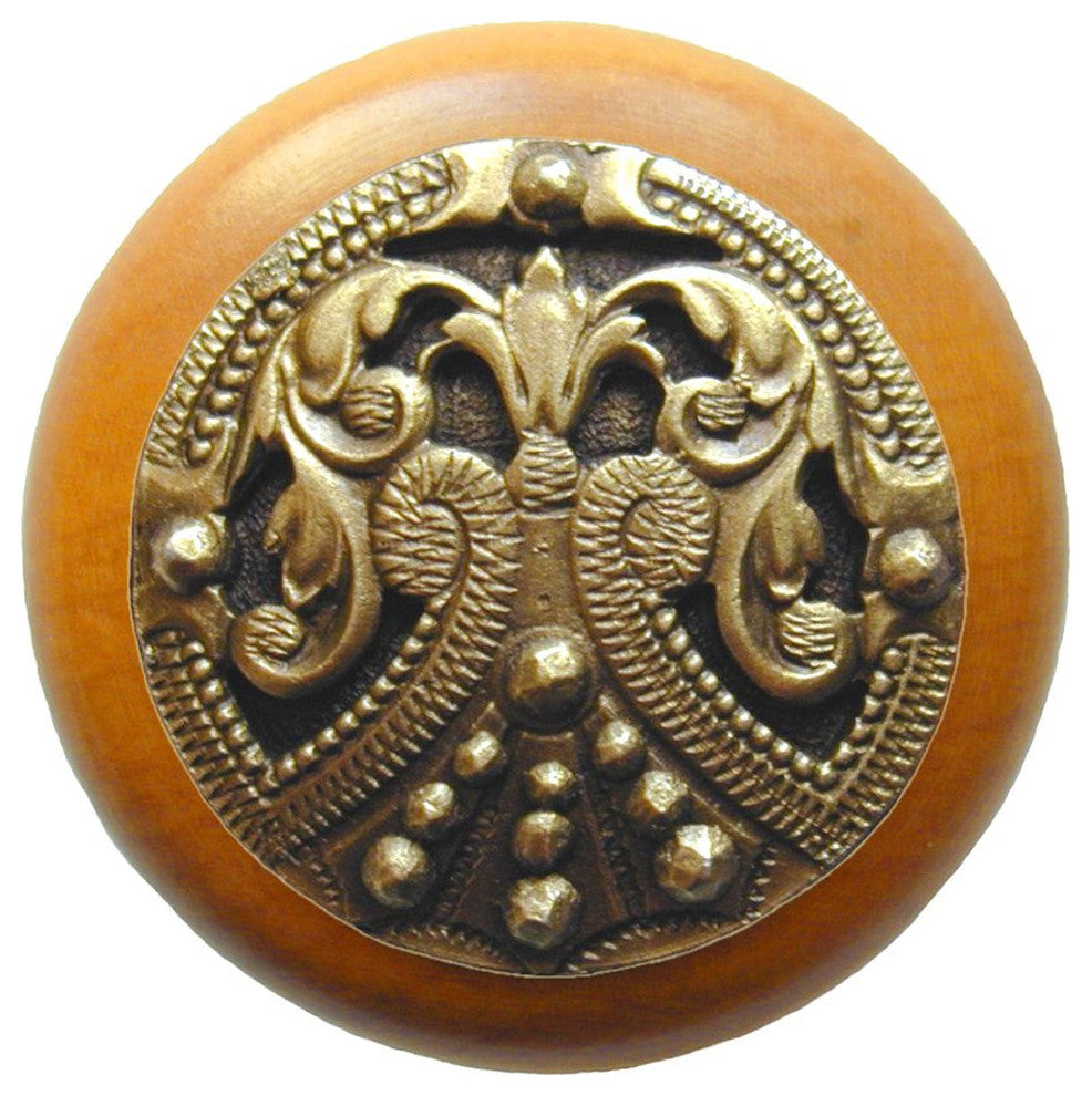 Regal Crest Wood Knob, Antique Brass, Maple Wood Finish, Antique Brass