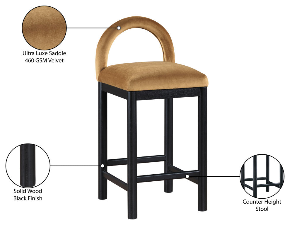Conrad Upholstered Bar and Counter Stool, Saddle, Velvet, Black