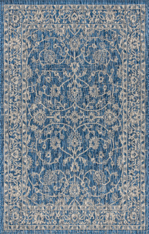 Palazzo Vine and Border Textured Weave Indoor and Outdoor Area Rug, Navy and Gra