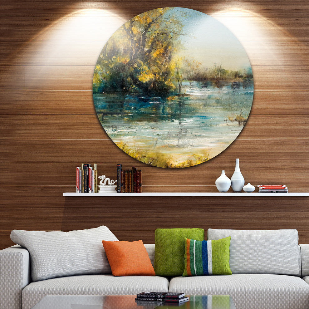 Trees By The Lake, Landscape Round Wall Art, 11"