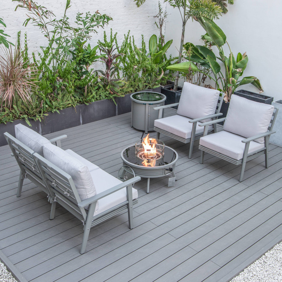 LeisureMod Walbrooke Patio Sofa Set With Round Fire Pit Table, Light Grey
