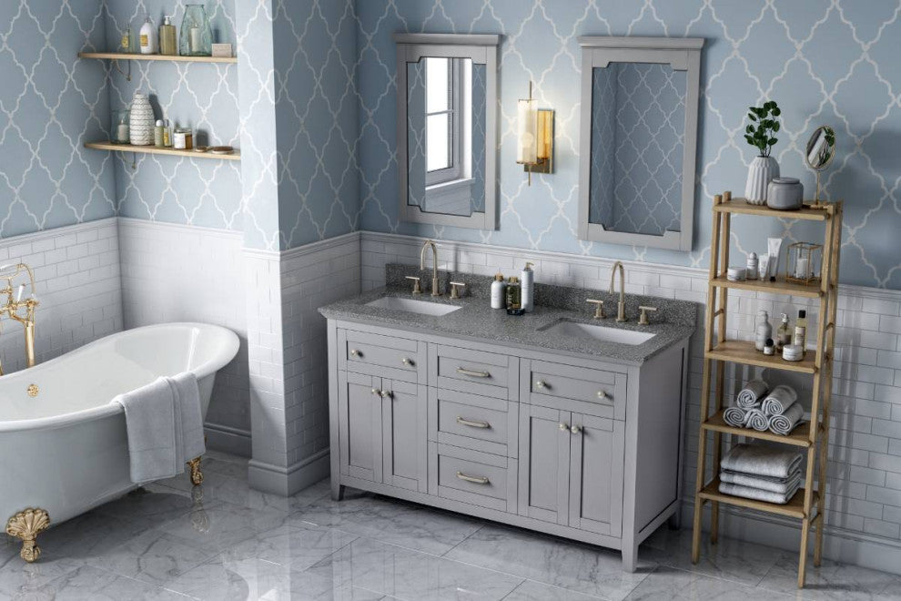 Chatham Traditional 60" Grey Double Sink Vanity, Boulder Cultured Marble Vanity