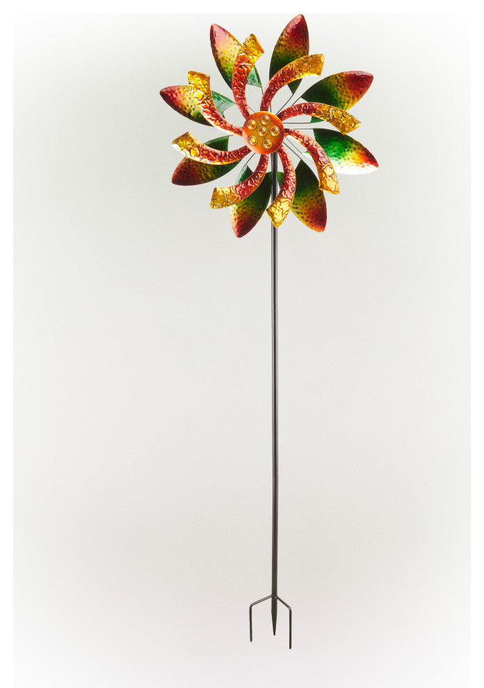 64" Tall Floral Windmill Stake with Jeweled Kinetic Spinner, Green and Orange