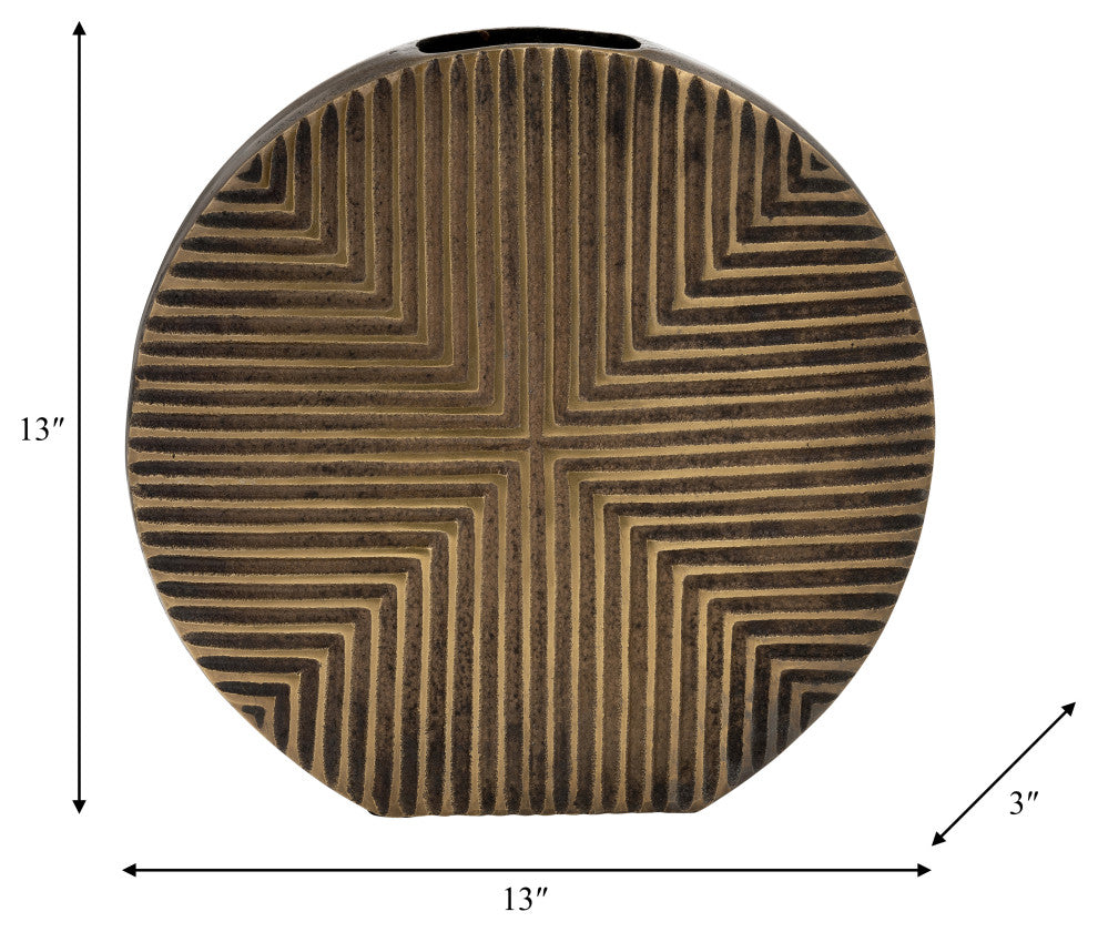 Metal, 13"H Round Ribbed Vase, Brass Antique