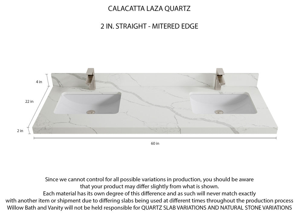 Willow Collections Malibu Vanity, Green, Calacatta Quartz, 60" Double