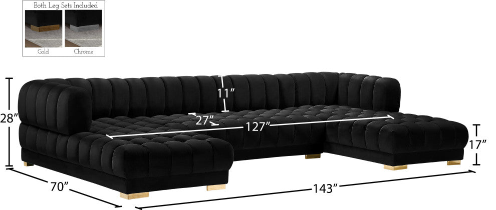Gwen Biscuit Tufted Velvet Upholstered 3 Piece Sectional, Black