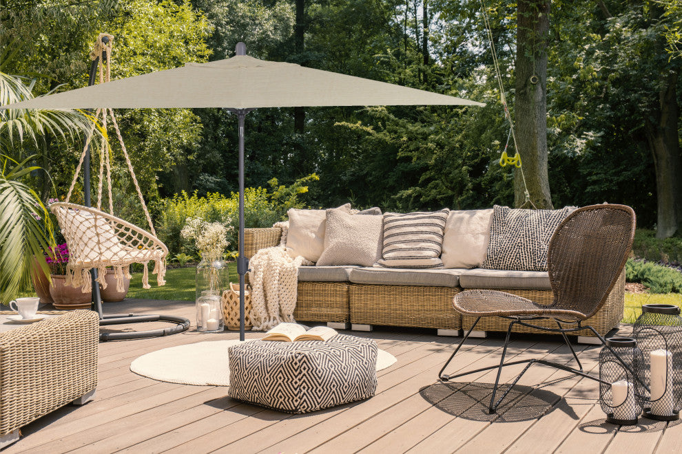 10'x6.5' Rectangular Auto Tilt Market Umbrella, Grey Frame, Sunbrella, Antique B