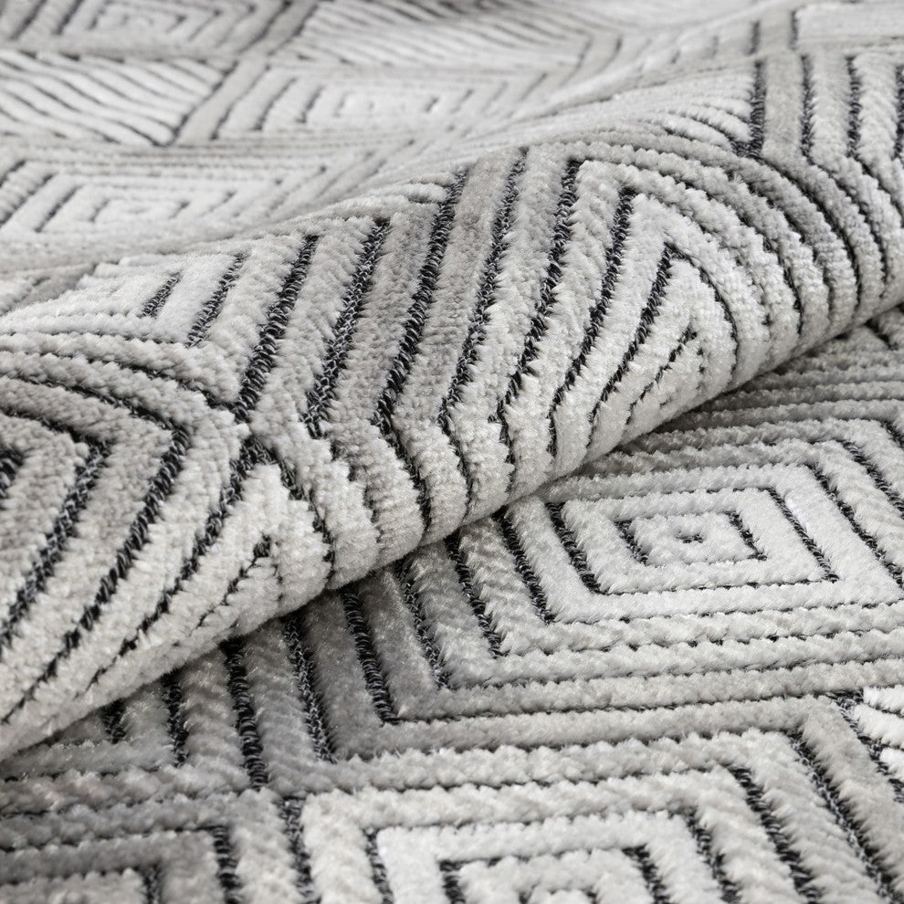 Well Woven Aspen Flint Gray Mid-Century Geometric 5'3"x7'3" Hi-Low Area Rug