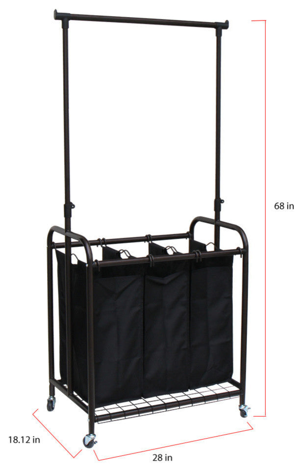 Oceanstar 3-Bag Rolling Laundry Sorter with Adjustable Hanging Bar, Bronze