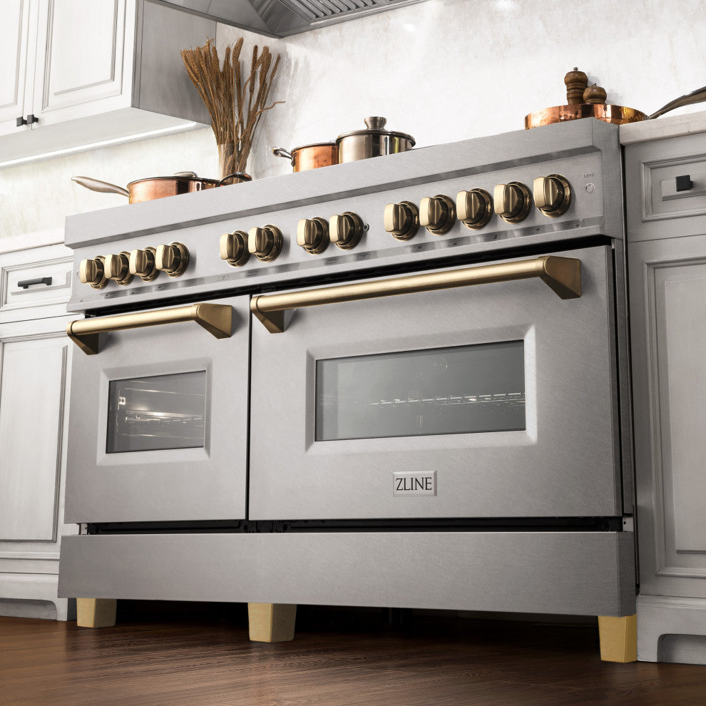 ZLINE 60" Dual Fuel Range, DuraSnow Steel With Gold RASZ-SN-60-G