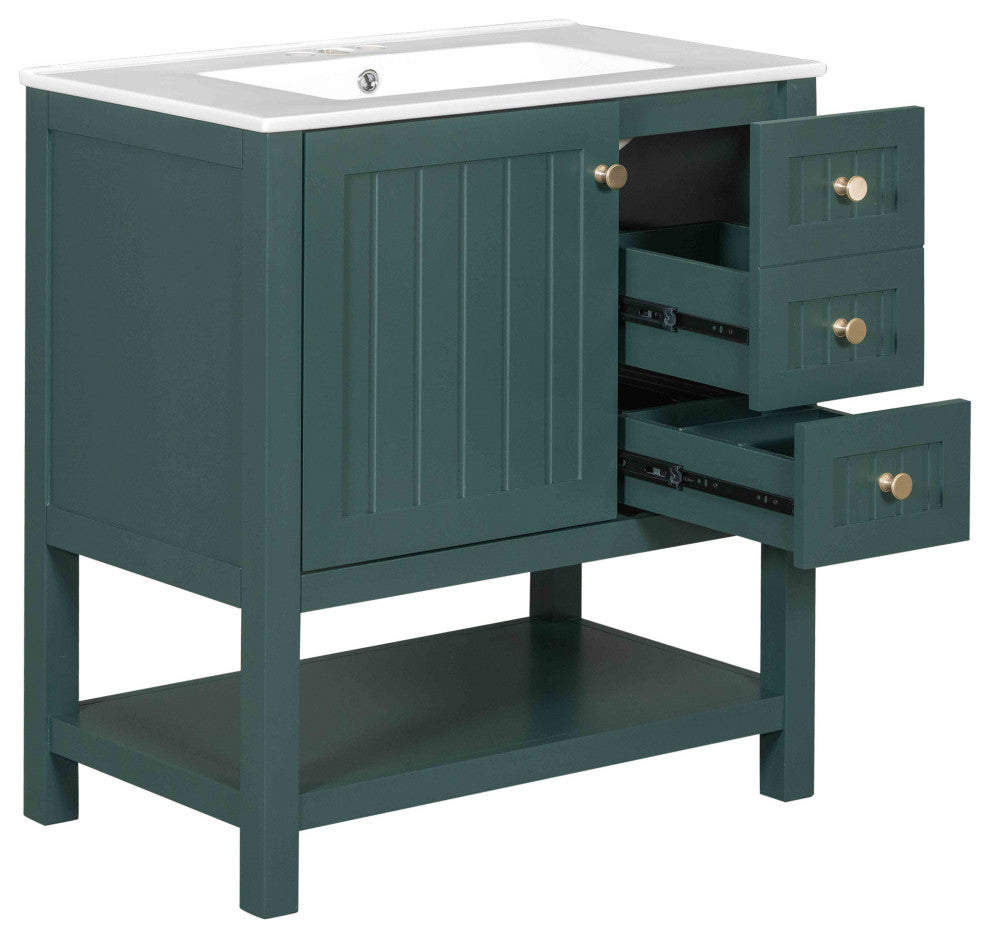 30 Inch Transitional Style Bathroom Vanity Cabinet Combo with Ceramic Sink, Green