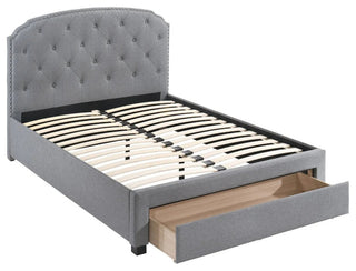 Linen Upholstered Twin Bed With 1 Drawer, Light Gray and Black