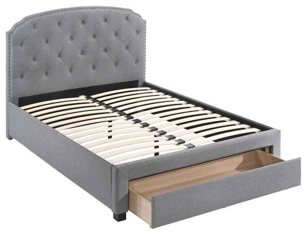 Linen Upholstered Twin Bed With 1 Drawer, Light Gray and Black