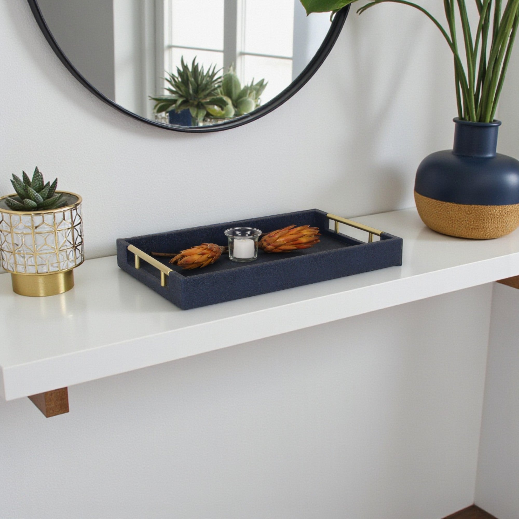 Navy Blue Faux Shagreen Tray with Handles