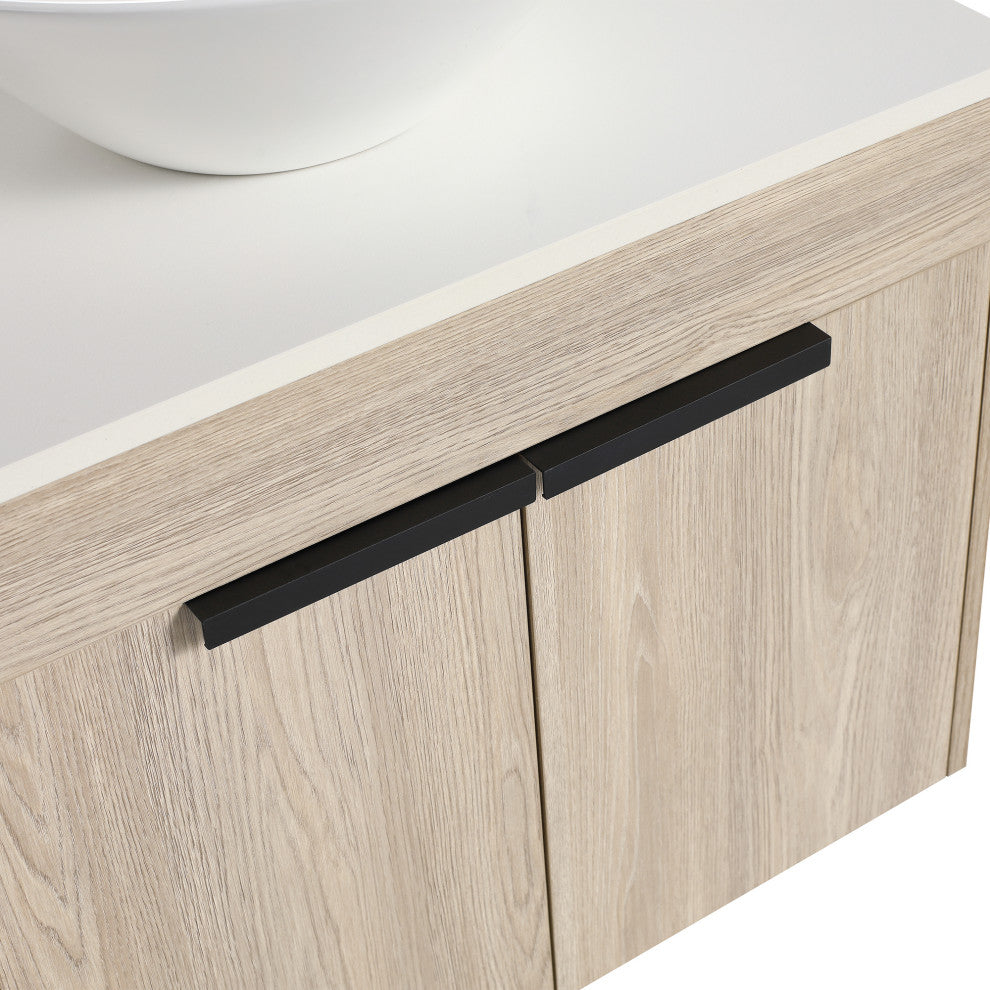 Wall-Mounted Bath Vanity, White Oak, White Ceramic Vessel Sink