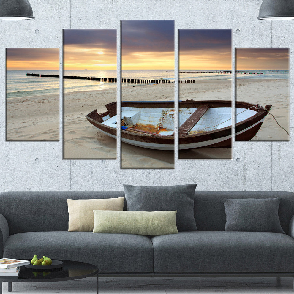 Boat on Beautiful Sunrise Seashore, Beach Canvas Wall Art, 60"x32", 5 Panels