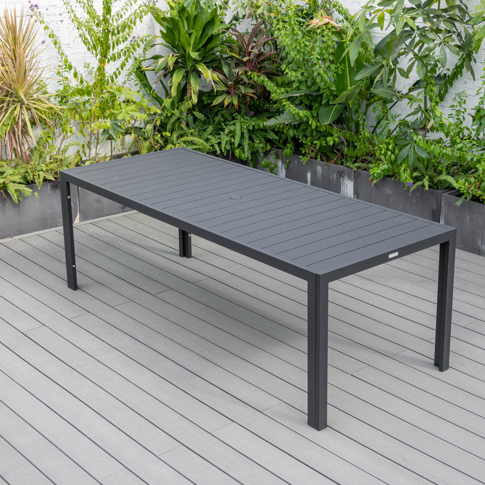LeisureMod Chelsea Modern 8-Piece Outdoor Dining Set, Black Aluminum, Light Grey