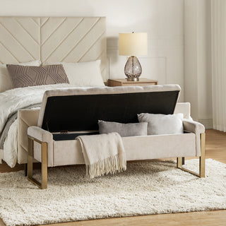 48"W Modern Upholstered Flip Top Storage Bench With Metal Legs, Beige