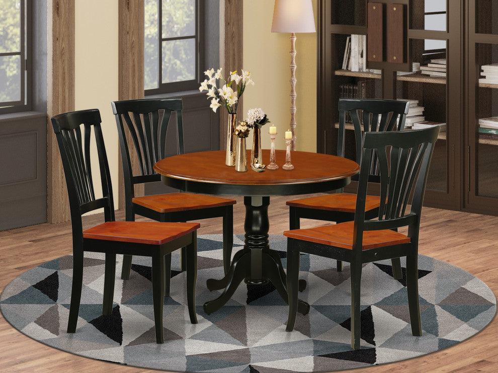 5 Pc Table Set, Round Dinette Table And 4 Dining Chairs, Black And Cherry