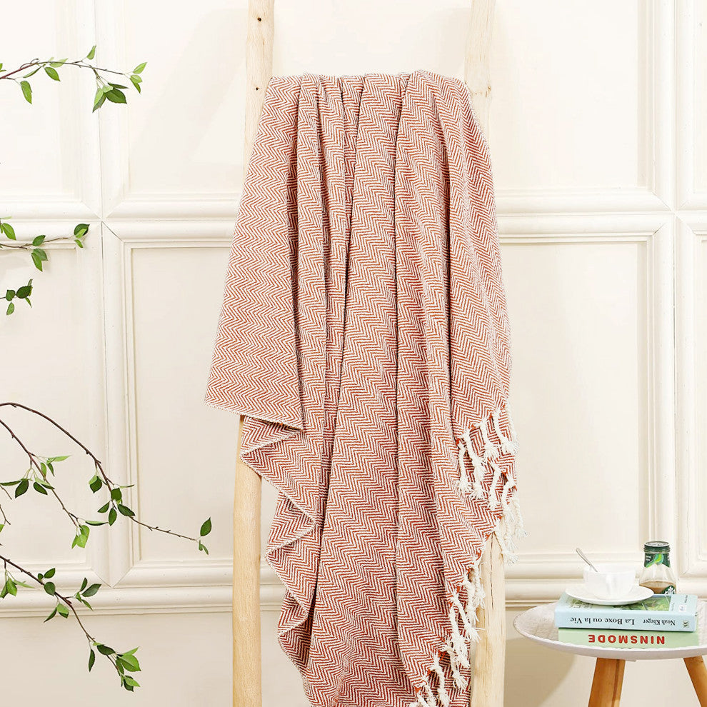 Chevron Knit Woven Throw Blanket, Rust