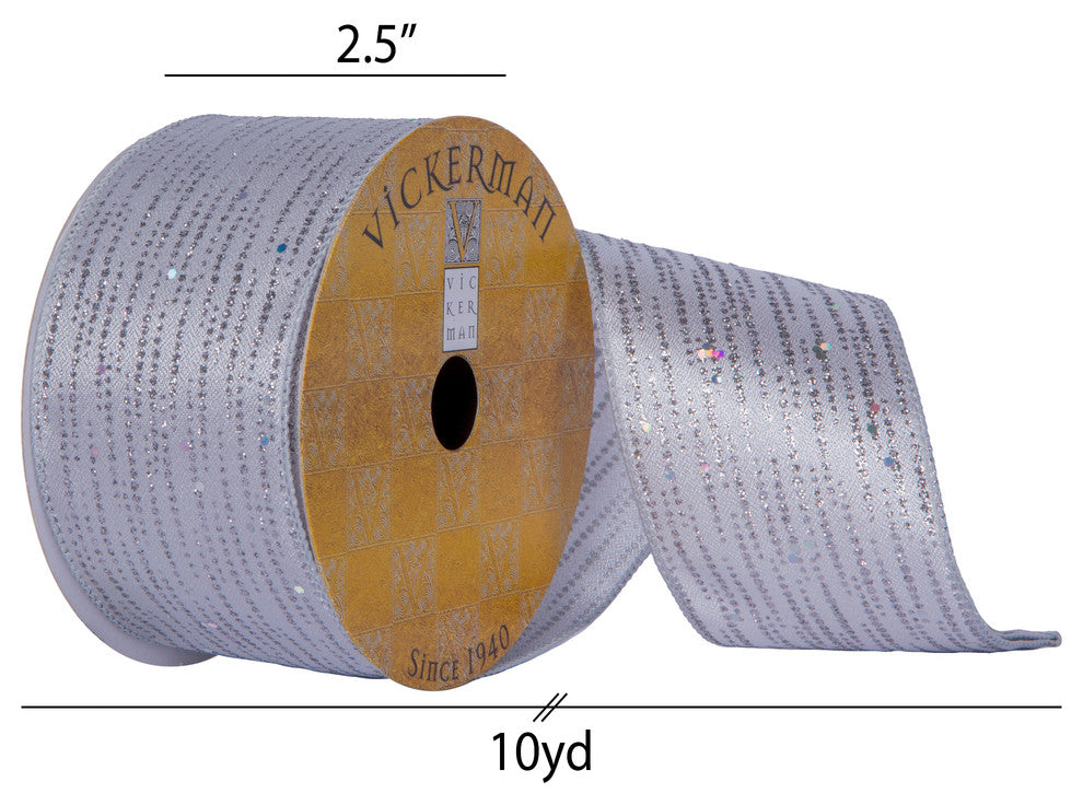 Vickerman Q202436 2.5"X10 Yard Silver Glitter & Sequin Line Christmas Ribbon